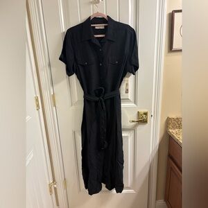 AMANDA Smith NWT Silk linen blend safari midi dress 14 Button Up Side Slit Black